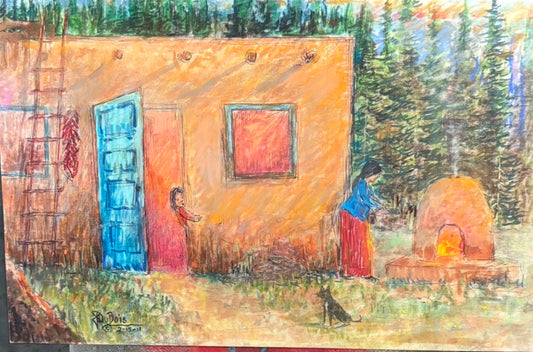 Turquoise door, original pastel