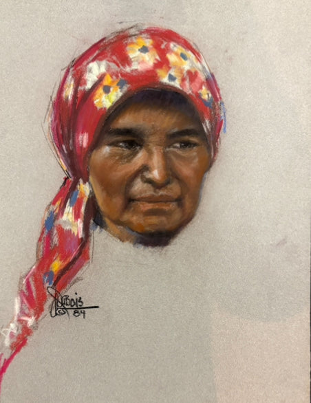Floral scarf elder lady original pastel 14” x 18” 1984
